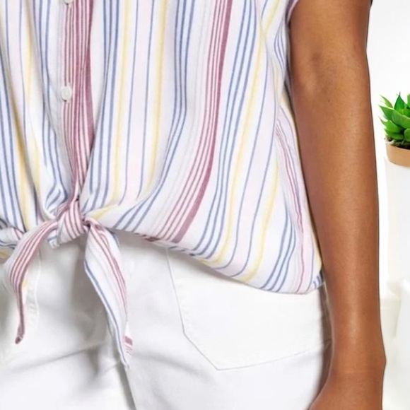 Beach Lunch Lounge Linen Rainbow Brooklyn Womens Stripe Tie-Front Button-DownTop - Picture 4 of 16